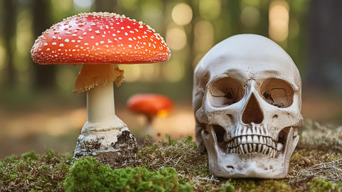 amanita muscaria ao lado de caveira venenoso