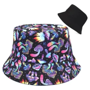 Chapéu Cogumelos Psicodélicos Bucket Hat Preto e Roxo Psycore Vibes