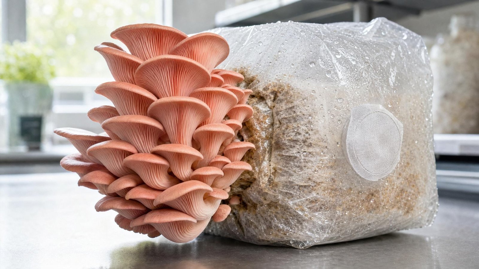 Shimeji rosa Pleurotus djamor frutificando em bloco de substrato para cultivo doméstico